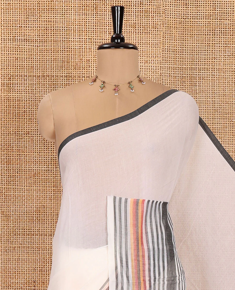 Cream Plain Khadi Mul Cotton Saree, Subtle Border Steeped with Stripes, Plain Pallu, Paired with a Matching Blouse - Image 2