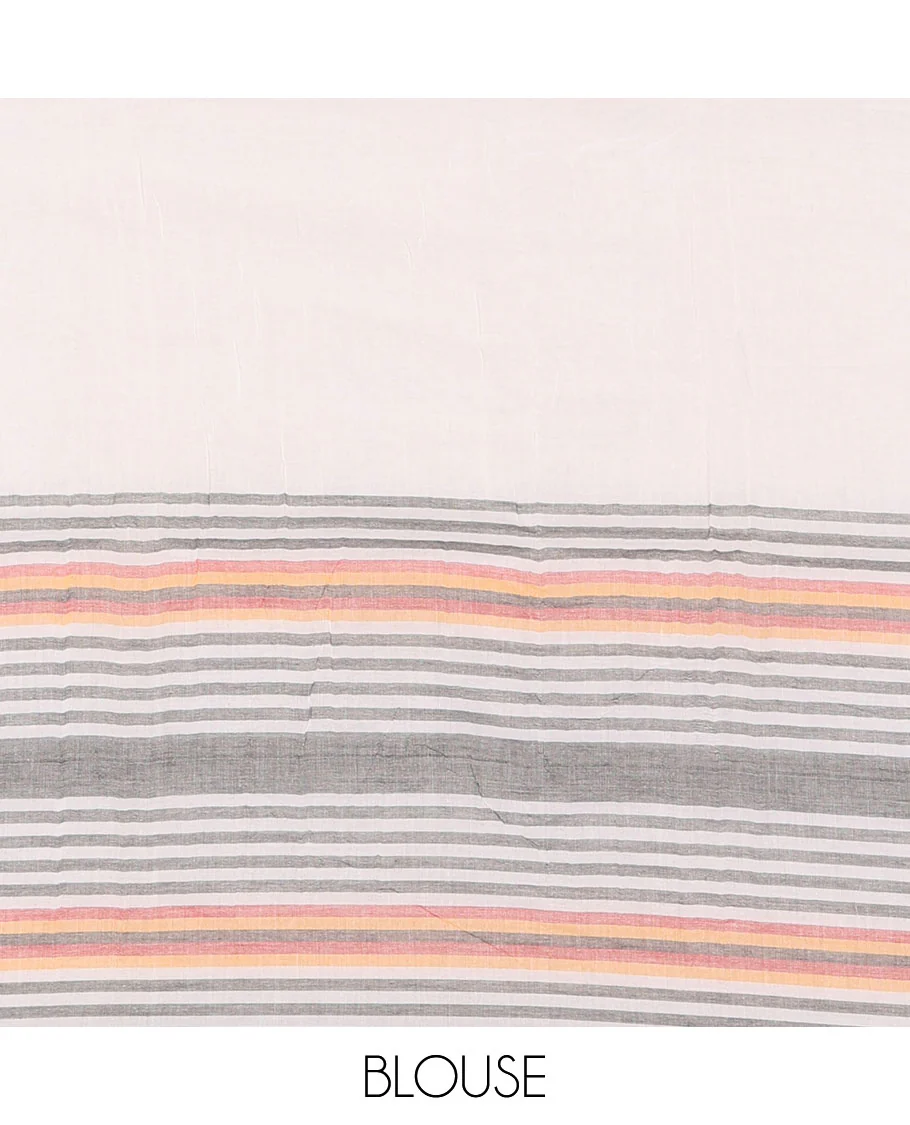Cream Plain Khadi Mul Cotton Saree, Subtle Border Steeped with Stripes, Plain Pallu, Paired with a Matching Blouse - Image 3