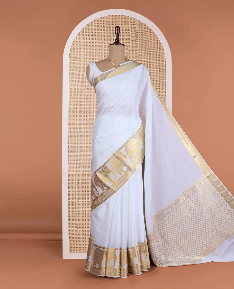 Cream plain Mysore silk saree, traditional zari border of elephant motifs, and pallu steeped with manga designs - Image 2
