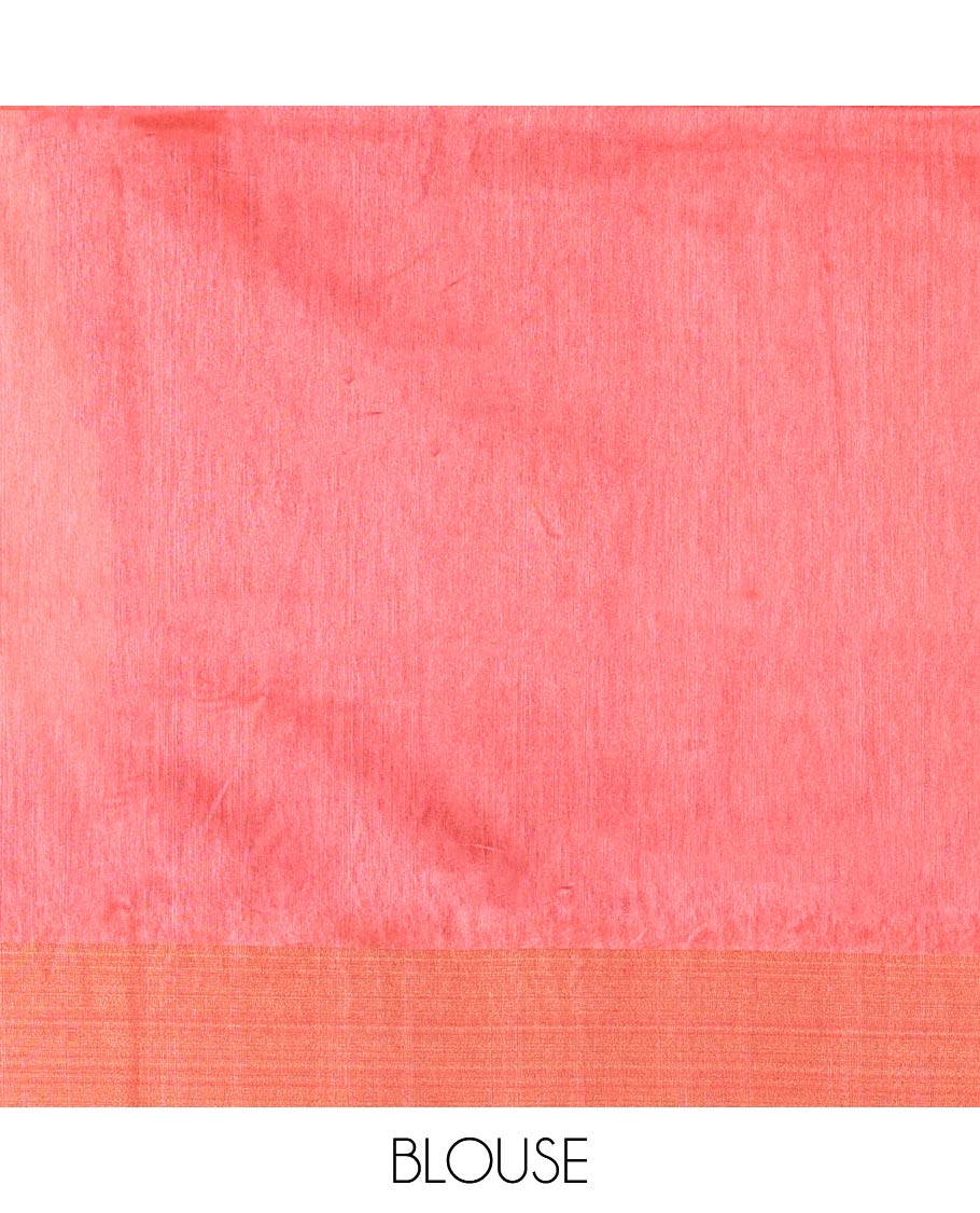 Cream Plain Semi-Jute Tussar Saree, Complemented by a Contrast Blue-Red Ganga-Jamuna Temple Border, Sparsely Striped Pallu, and Paired with a Contrast Blouse - Image 3