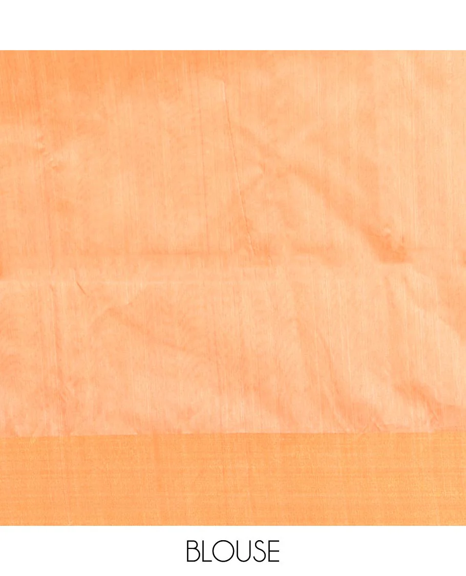 Cream Plain Semi-Jute Tussar Saree, Complemented by a Contrast Pink-Orange Ganga-Jamuna Temple Border, Sparsely Striped Pallu, and Paired with a Contrast Blouse - Image 3