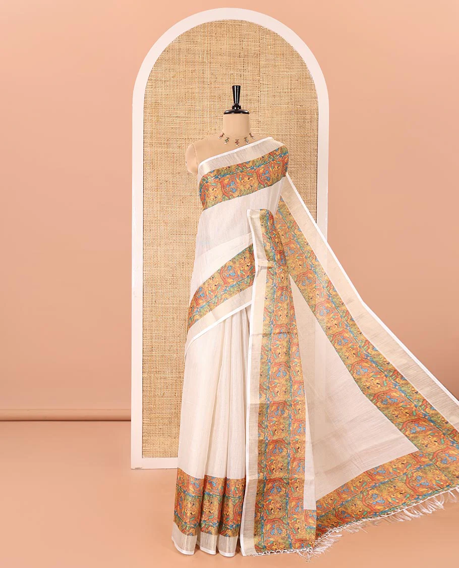 Cream Plain Tissue Saree Mesmerized with Contrasting Kerala Mural Painting-Style Lord Krishna and Gopis Printed Border, Painting-Style Printed Pallu, and a Contrast Plain Blouse - Image 4