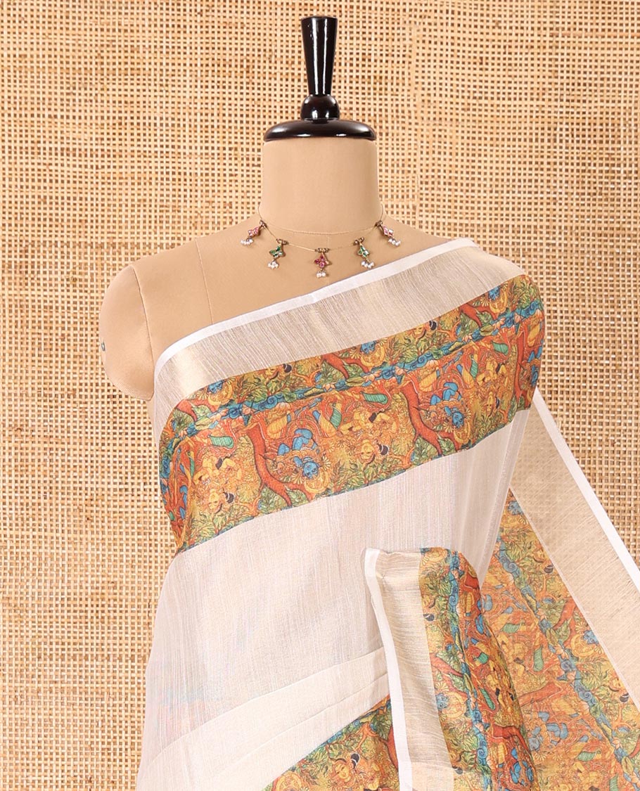 Cream Plain Tissue Saree Mesmerized with Contrasting Kerala Mural Painting-Style Lord Krishna and Gopis Printed Border, Painting-Style Printed Pallu, and a Contrast Plain Blouse - Image 5