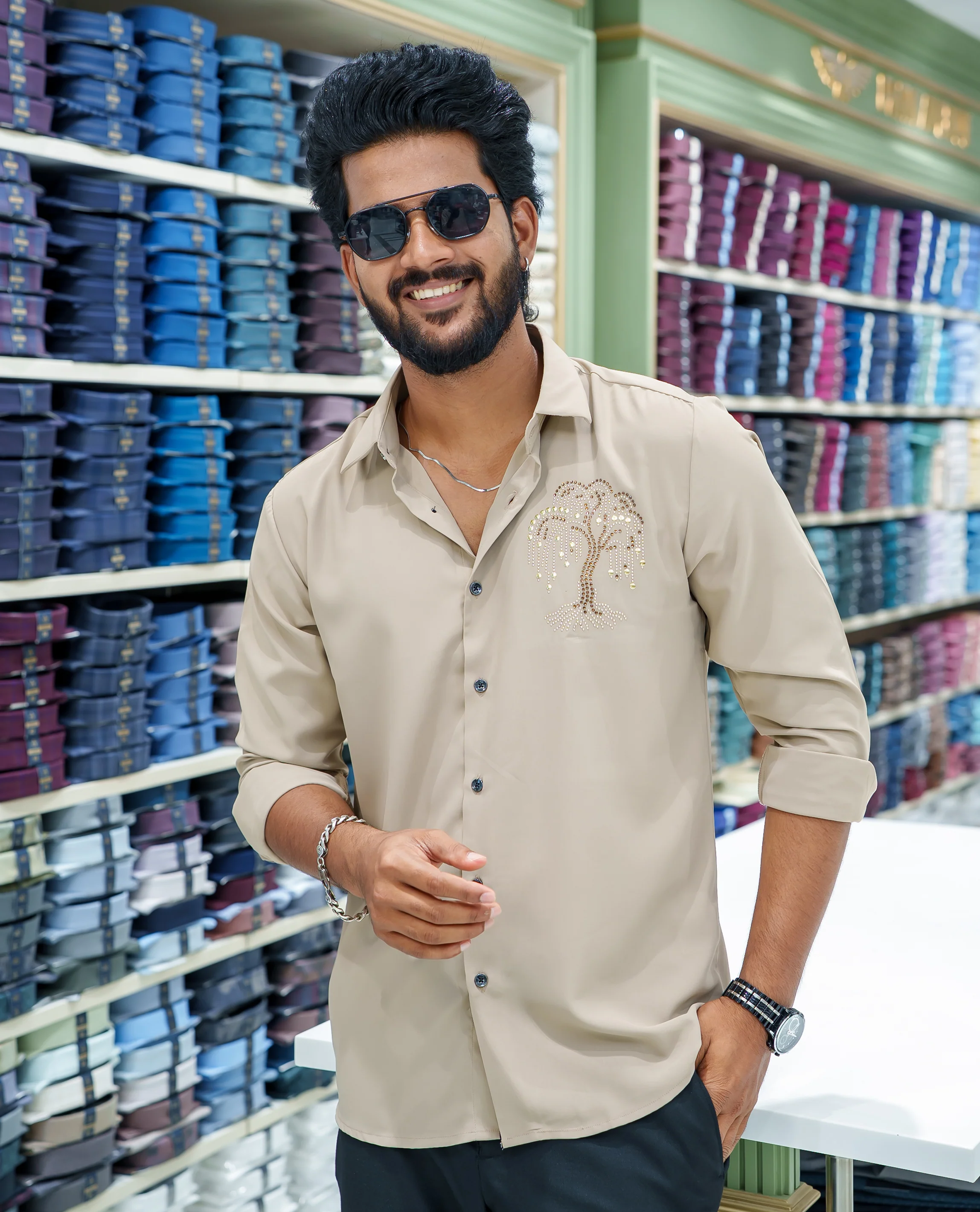 Cream Poly Blended Party Wear Shirt, Decorated with Tree-Motif Embroidery, Featuring a Spread Collar, Full Sleeves, Slim Fit, and Regular Length - Image 2