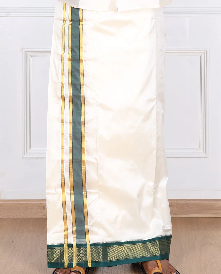 Cream pure silk kancheepuram wedding double-layer dhoti contrast green traditional zari border