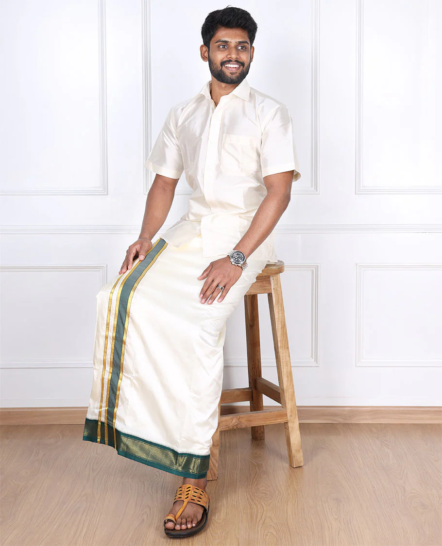 Cream pure silk kancheepuram wedding double-layer dhoti contrast green traditional zari border - Image 5