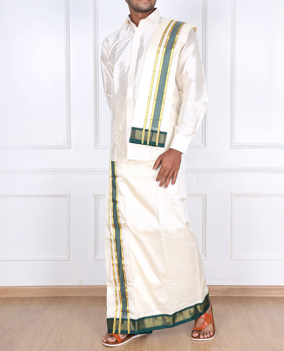 Cream pure silk kancheepuram wedding double-layer dhoti & angavastram with contrast green traditional zari border - Image 3