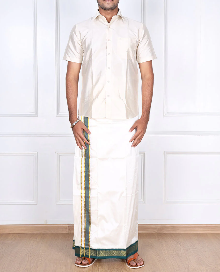 Cream pure silk kancheepuram wedding double-layer dhoti contrast green traditional zari border - Image 2