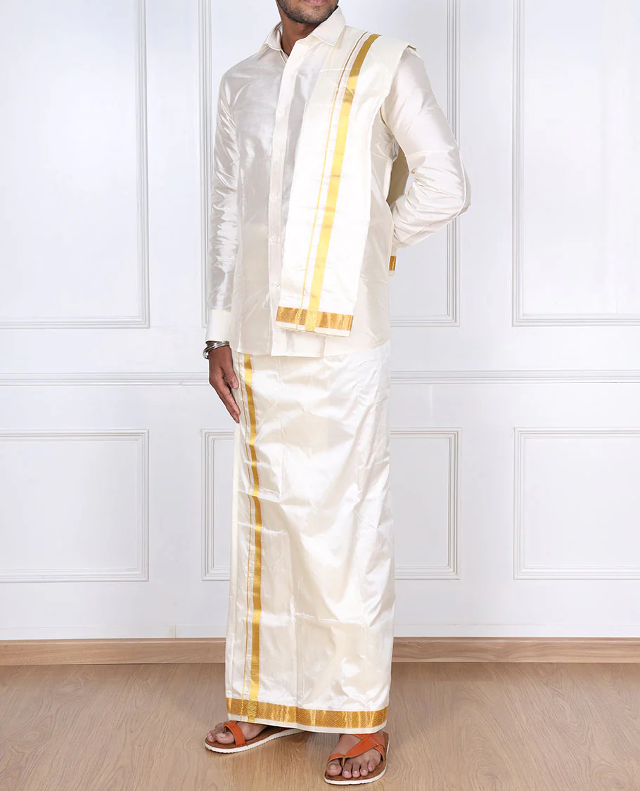 Cream pure silk kancheepuram wedding double-layer dhoti & angavastram with intricate zari border - Image 3