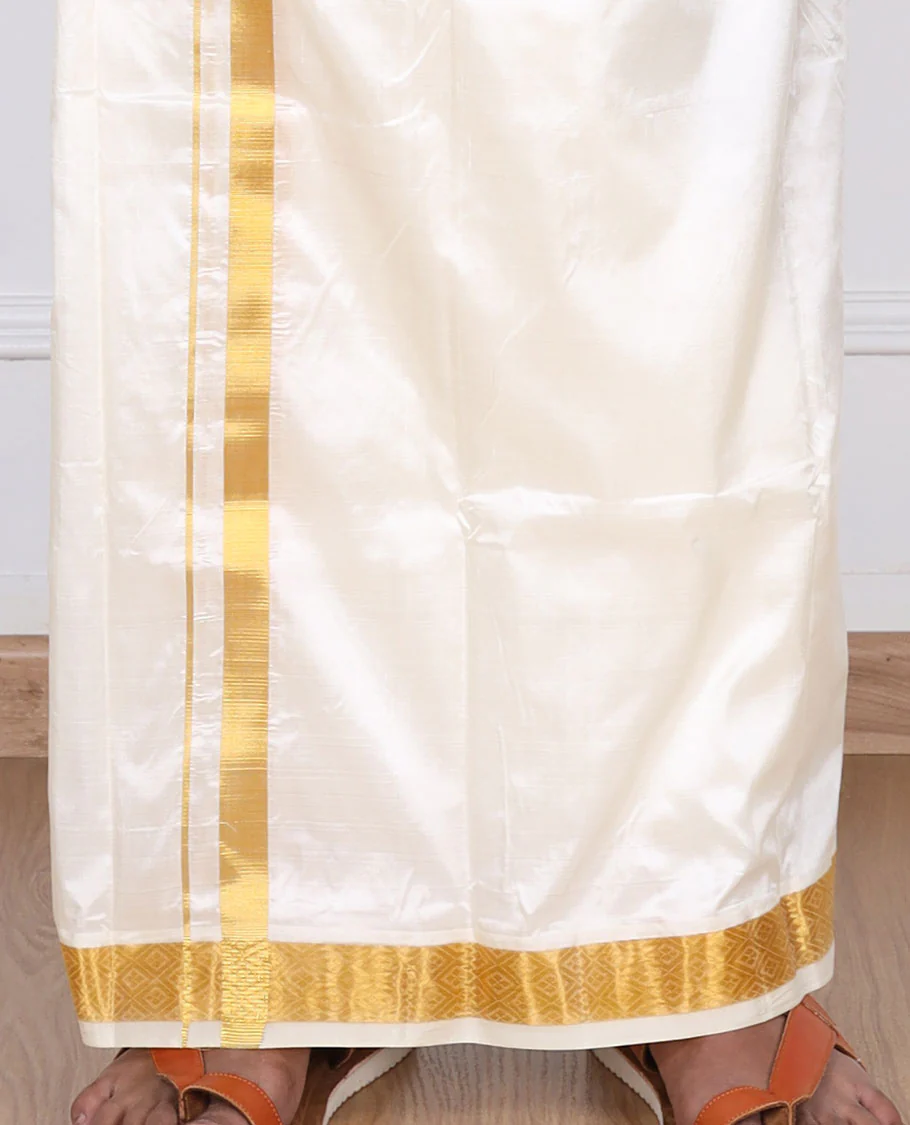 Cream pure silk kancheepuram wedding double-layer dhoti & angavastram with intricate zari border - Image 4