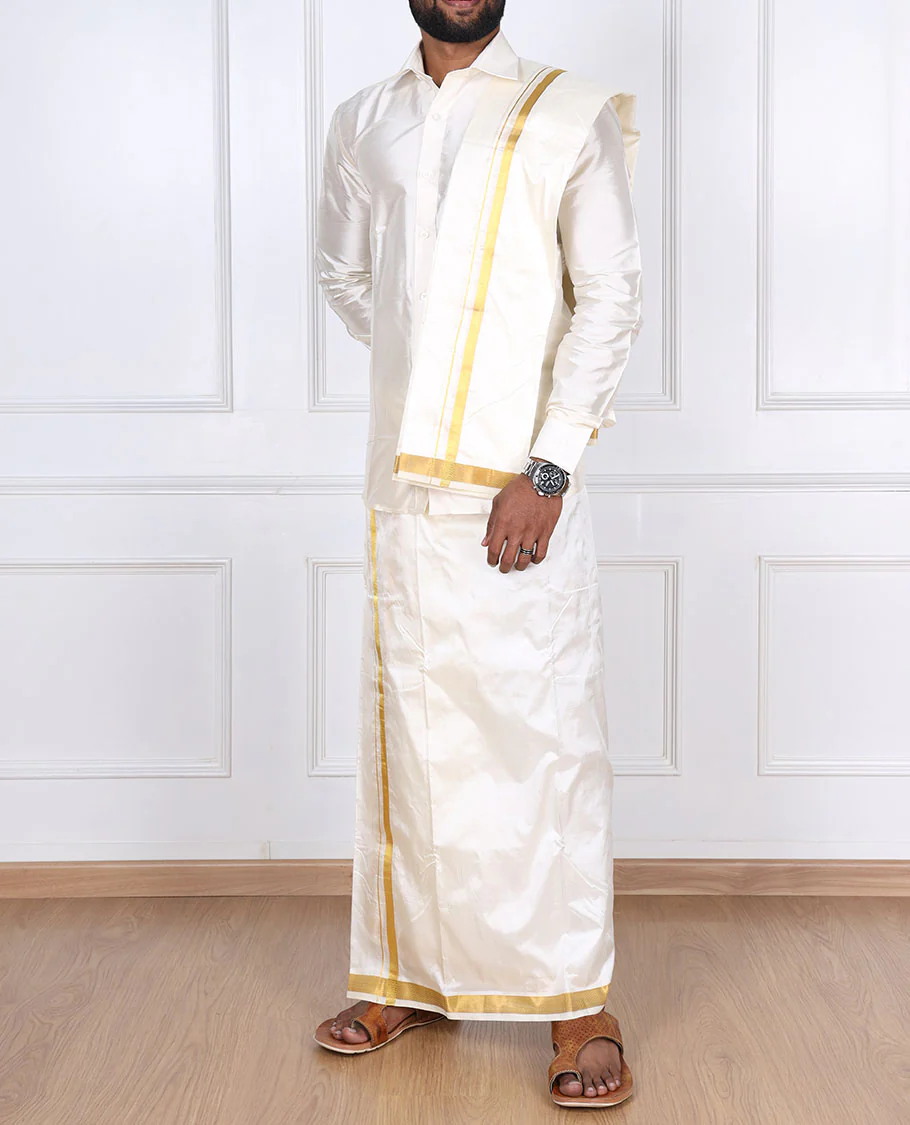 Cream pure silk kancheepuram wedding double-layer dhoti & angavastram with traditional kuyil kann zari border - Image 3