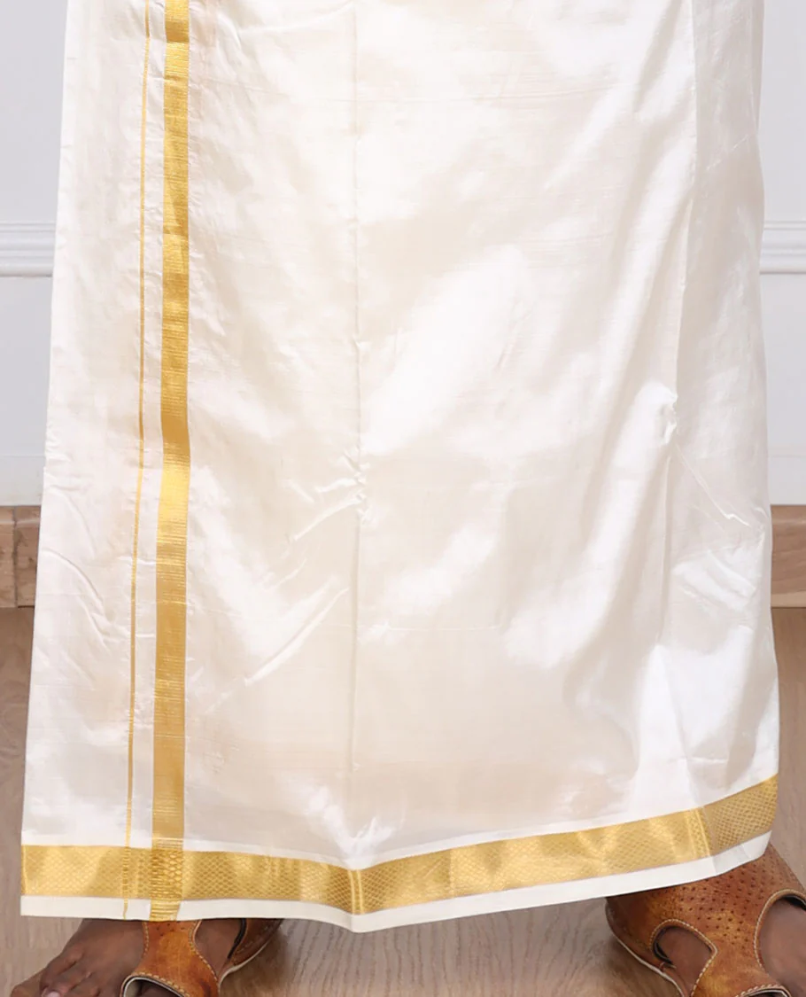 Cream pure silk kancheepuram wedding double-layer dhoti & angavastram with traditional kuyil kann zari border - Image 4