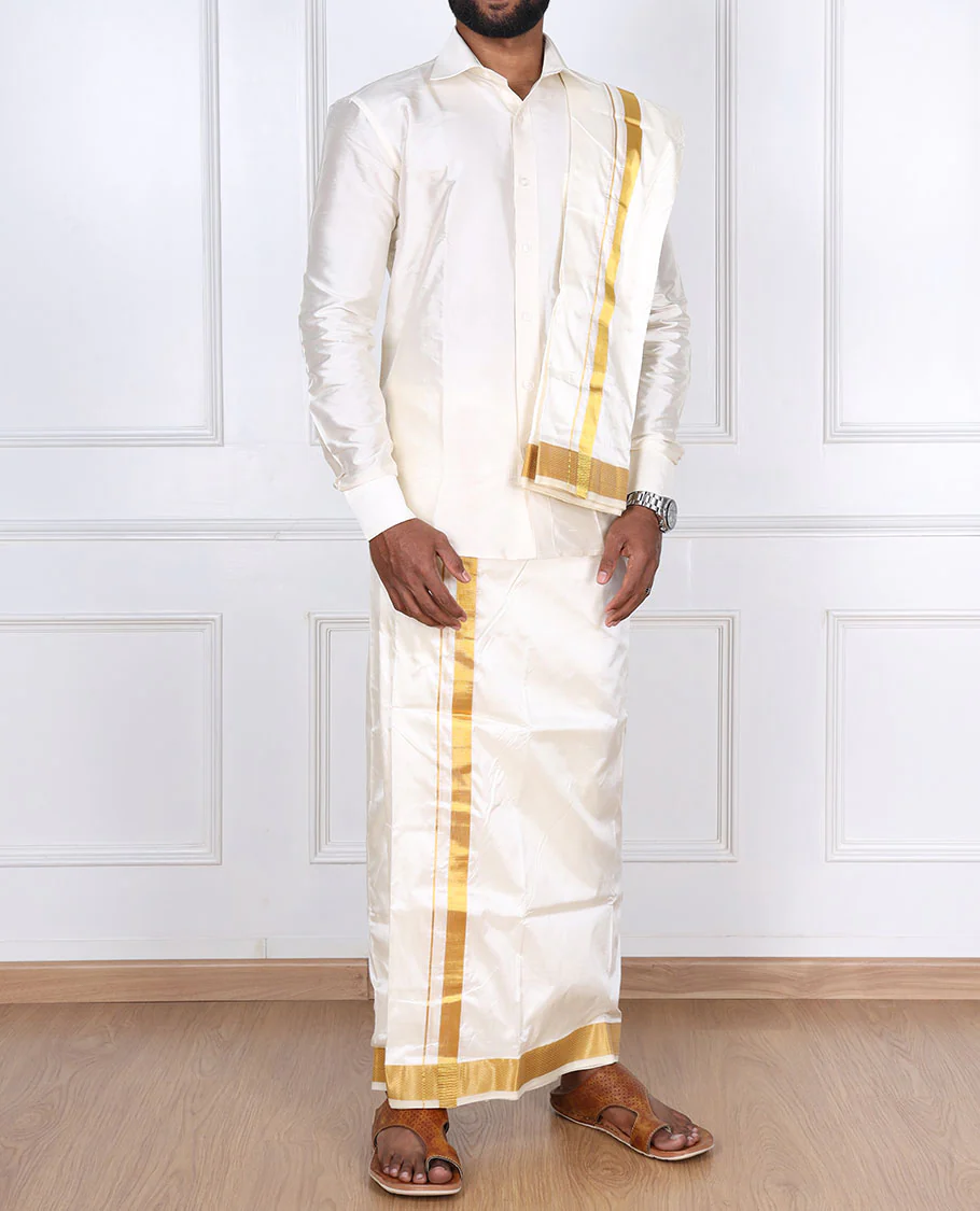 Cream pure silk kancheepuram wedding double-layer dhoti & angavastram with traditional kuyil kann zari border - Image 2
