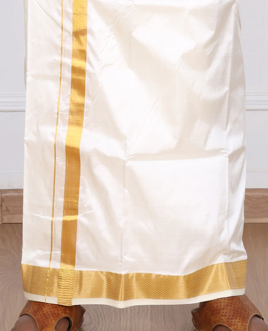 Cream pure silk kancheepuram wedding double-layer dhoti & angavastram with traditional kuyil kann zari border - Image 3