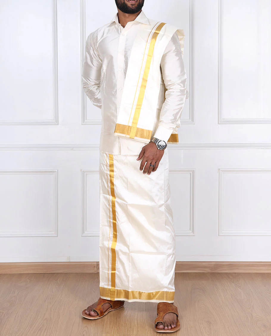 Cream pure silk kancheepuram wedding double-layer dhoti & angavastram with traditional kuyil kann zari border - Image 4