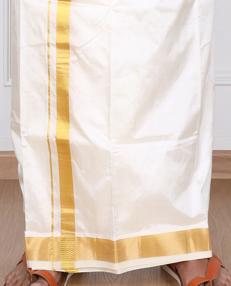 Cream pure silk kancheepuram wedding double-layer dhoti & angavastram with traditional kuyil kann zari border - Image 4