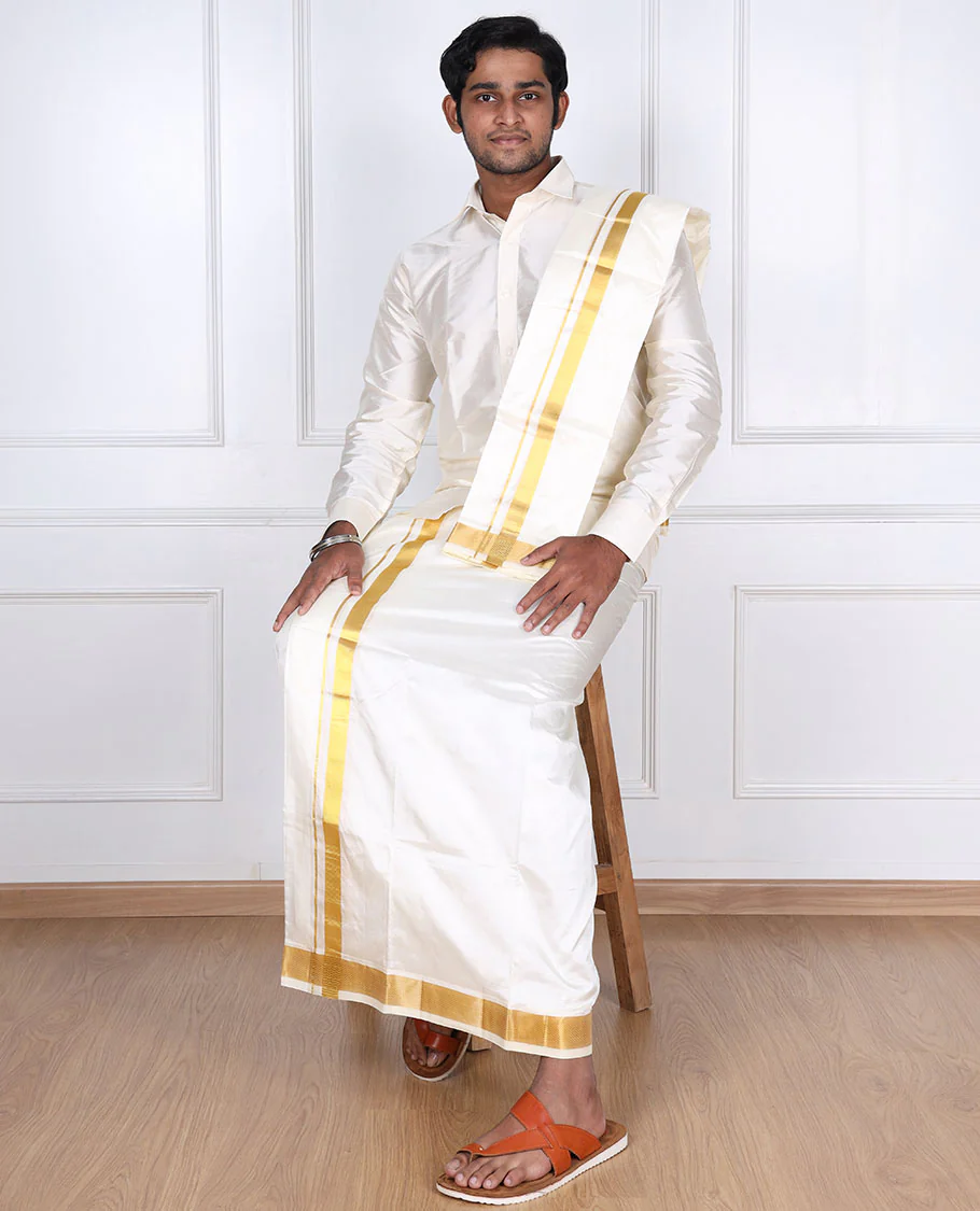 Cream pure silk kancheepuram wedding double-layer dhoti & angavastram with traditional kuyil kann zari border - Image 5