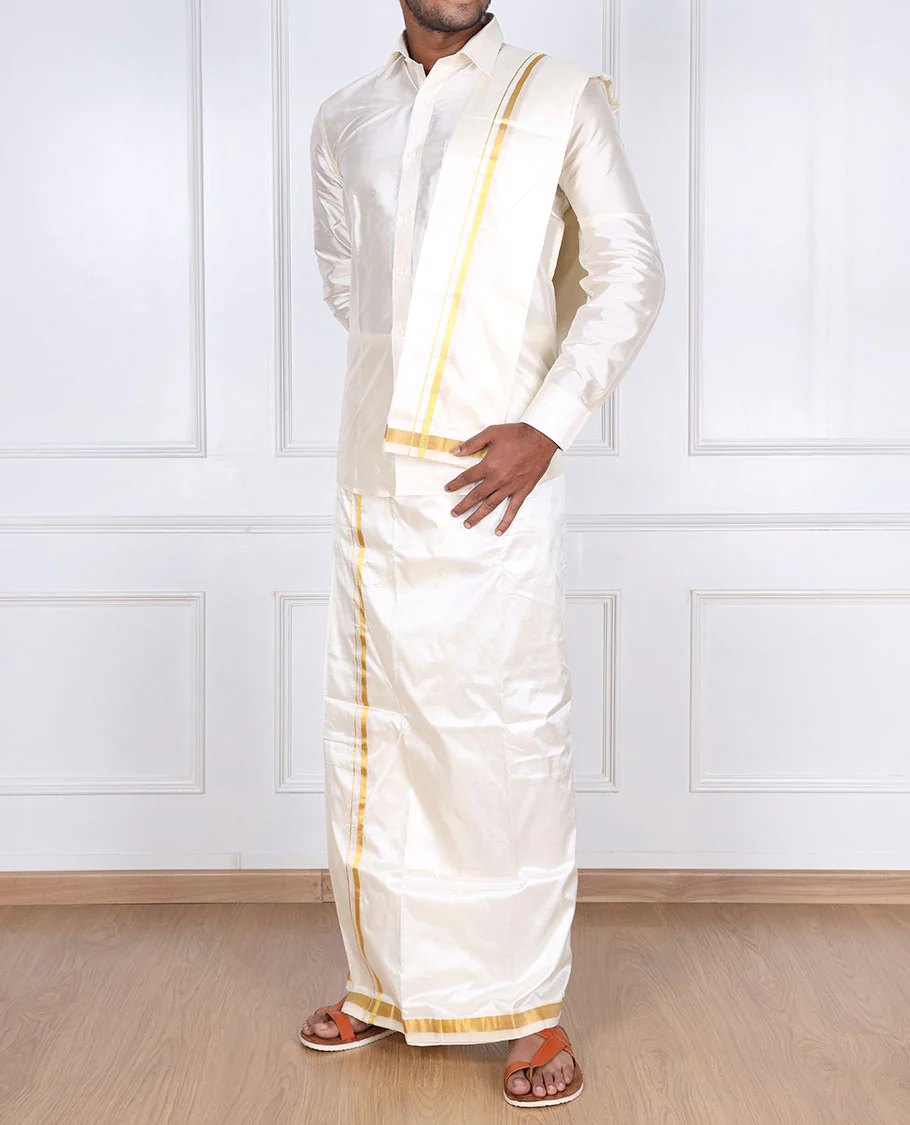Cream pure silk kancheepuram wedding double-layer dhoti & angavastram with traditional kuyil kann zari border - Image 3