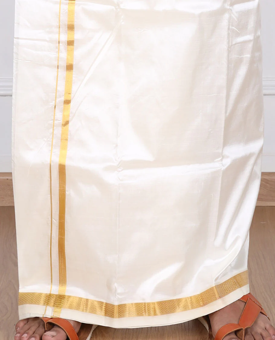 Cream pure silk kancheepuram wedding double-layer dhoti & angavastram with traditional kuyil kann zari border - Image 4