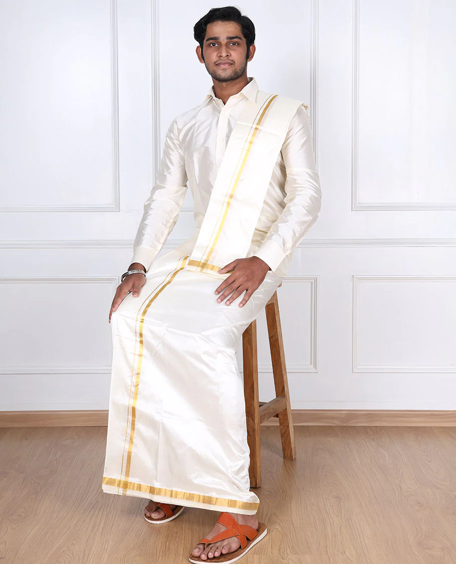 Cream pure silk kancheepuram wedding double-layer dhoti & angavastram with traditional kuyil kann zari border - Image 5