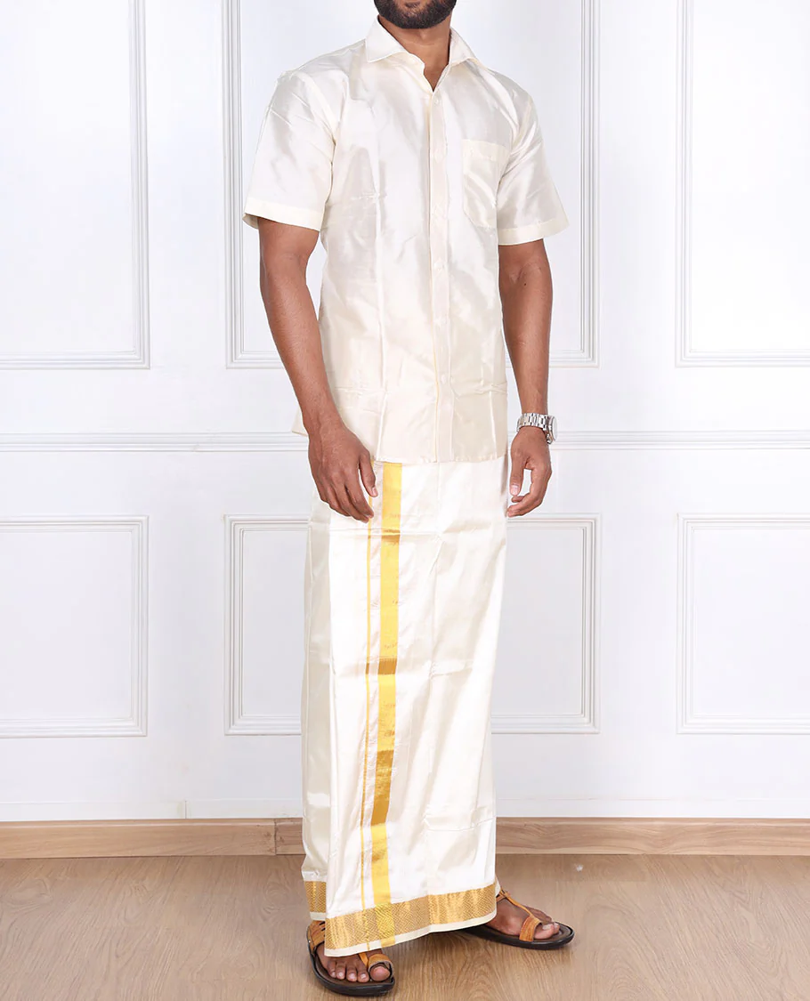 Cream pure silk kancheepuram wedding double-layer dhoti with diamond design zari border - Image 3