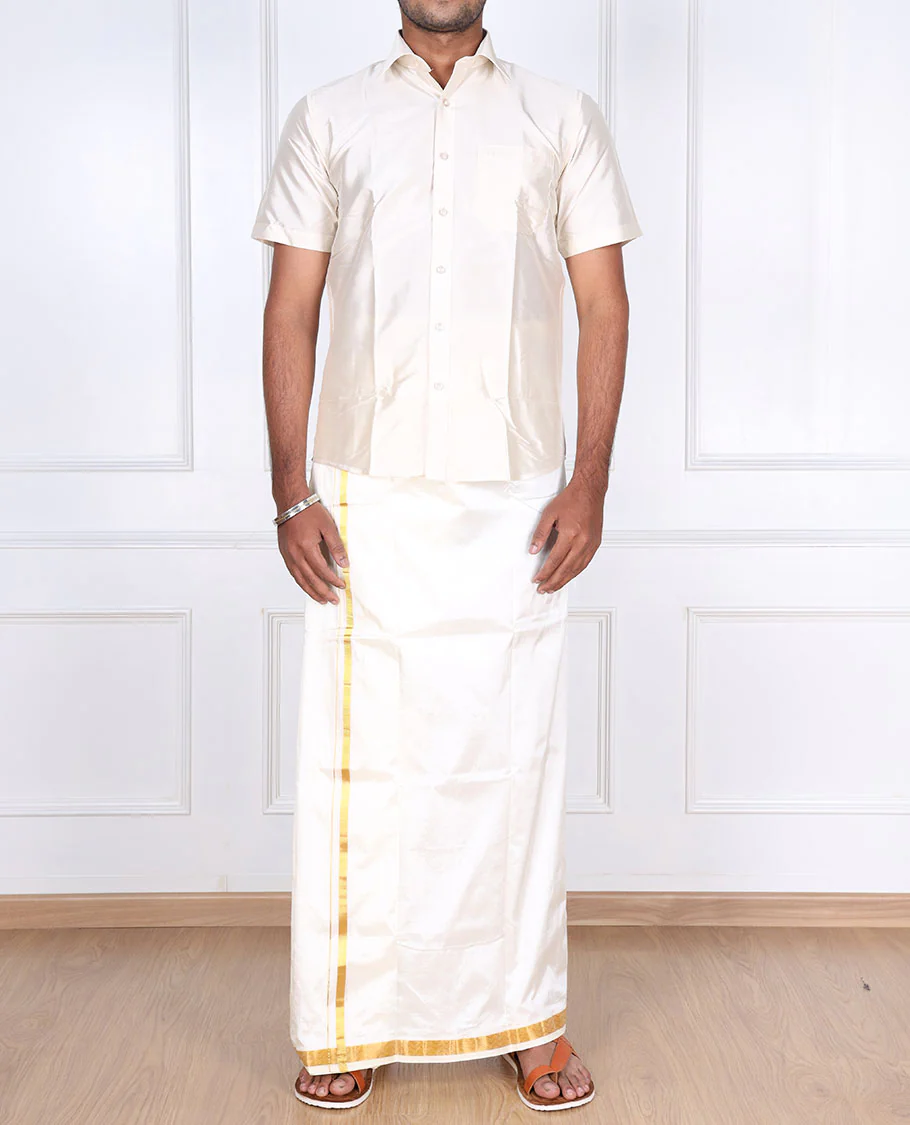 Cream pure silk kancheepuram wedding double-layer dhoti with thin chevron design zari border - Image 3