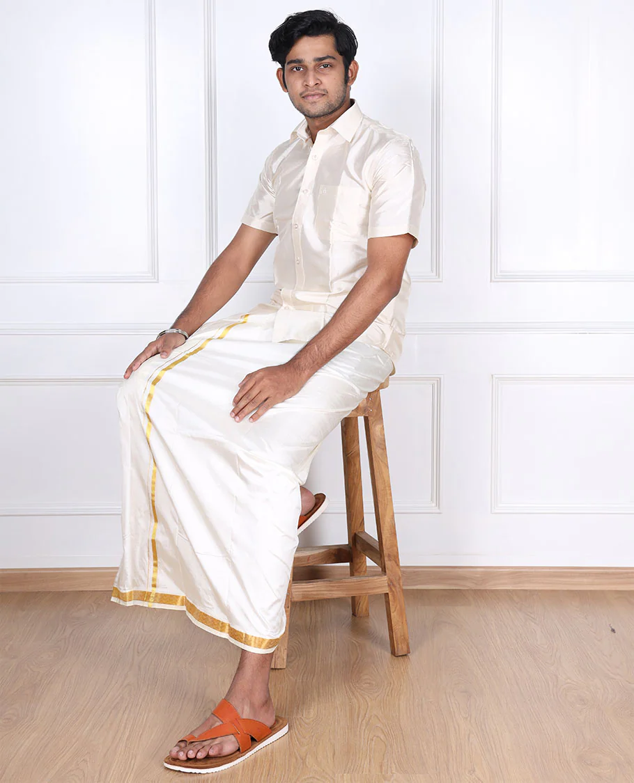 Cream pure silk kancheepuram wedding double-layer dhoti with thin chevron design zari border - Image 5