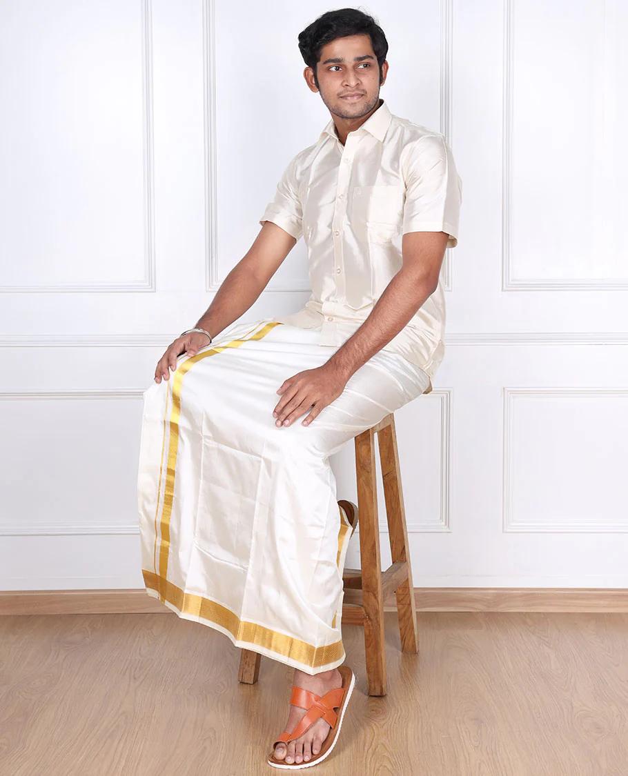 Cream pure silk kancheepuram wedding double-layer dhoti with traditional kuyil kann zari border - Image 4