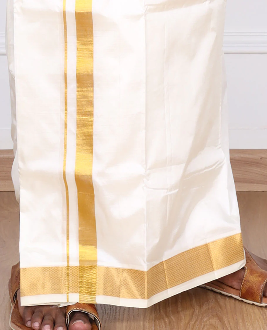 Cream pure silk kancheepuram wedding double-layer dhoti with traditional kuyil kann zari border - Image 3