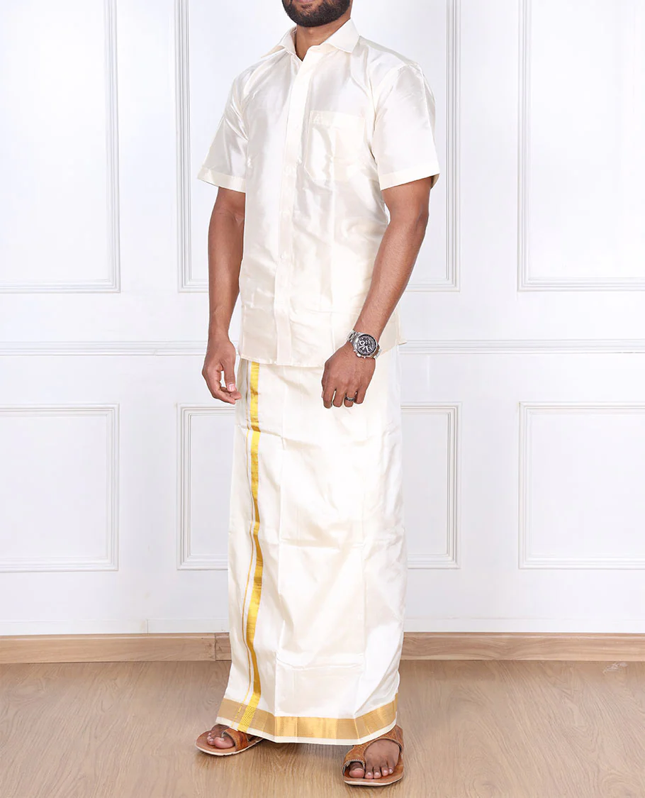 Cream pure silk kancheepuram wedding double-layer dhoti with traditional kuyil kann zari border - Image 4