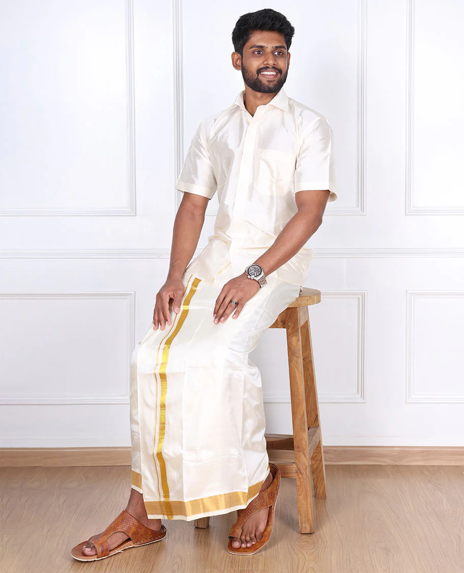 Cream pure silk kancheepuram wedding double-layer dhoti with traditional kuyil kann zari border - Image 5