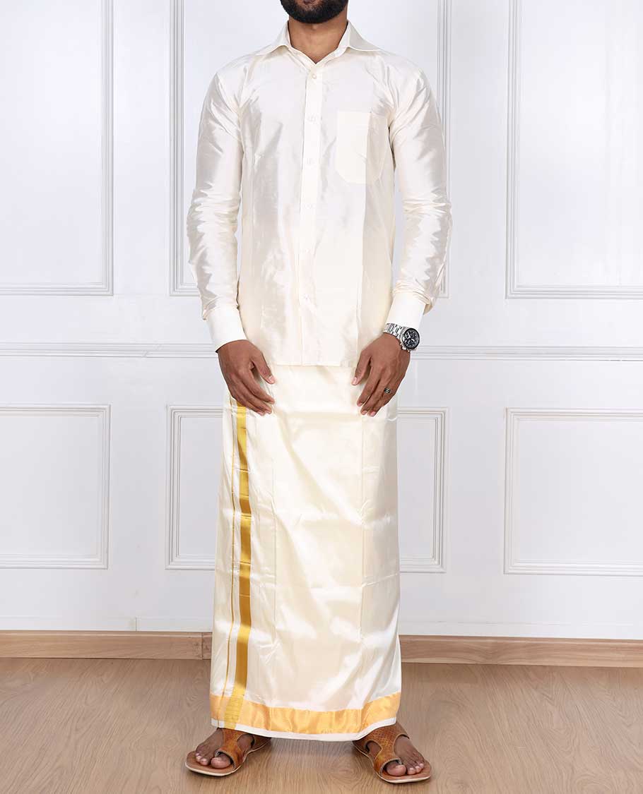 Cream puresilk & polyester mix double-layer dhoti with gold zari border - Image 2