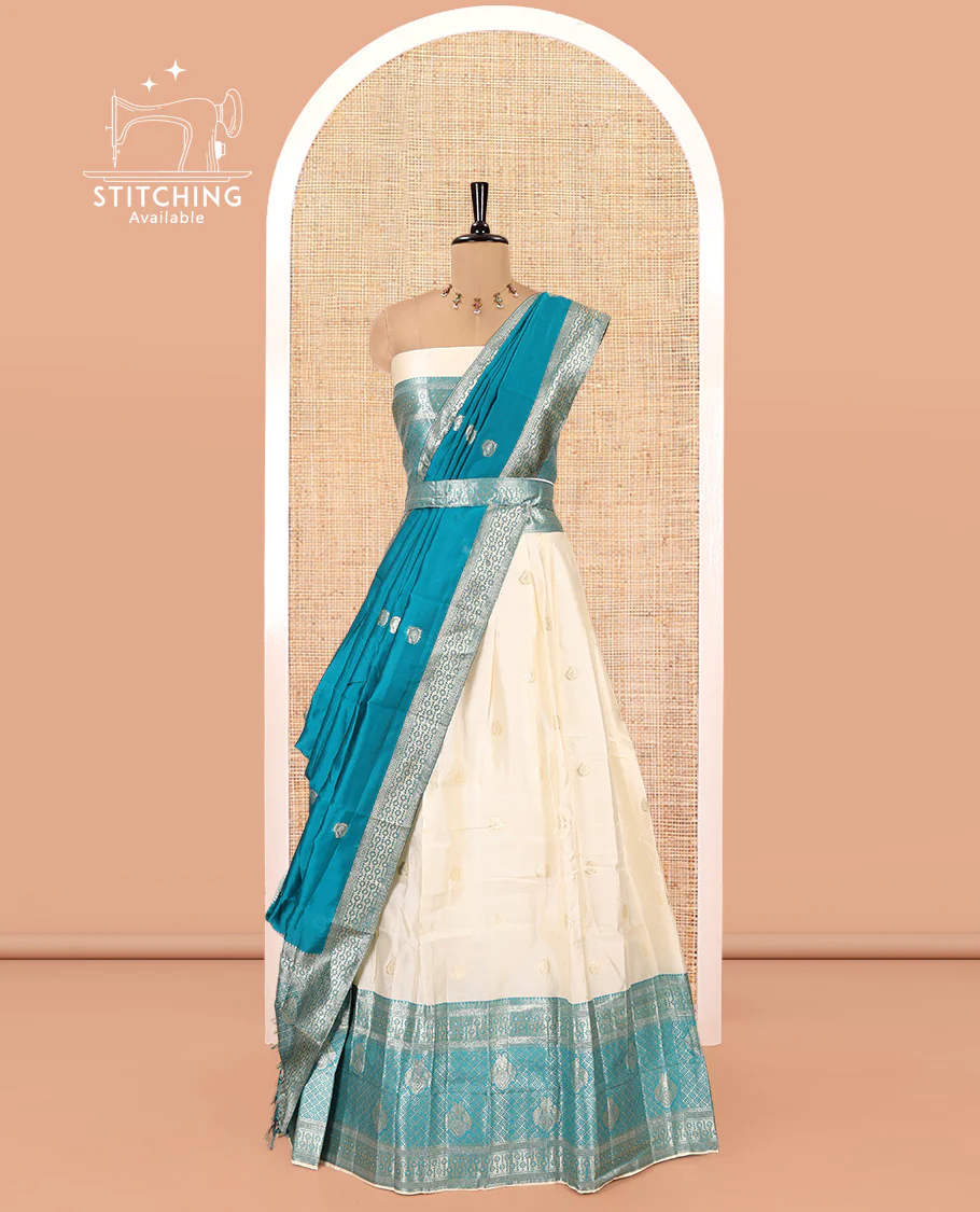Cream-Rama Semi-Banarasi Half-Saree Set Featuring Buttas Skirt, Contrast Traditional Border, Matching Blouse, and Banaras Dhavani - Image 3