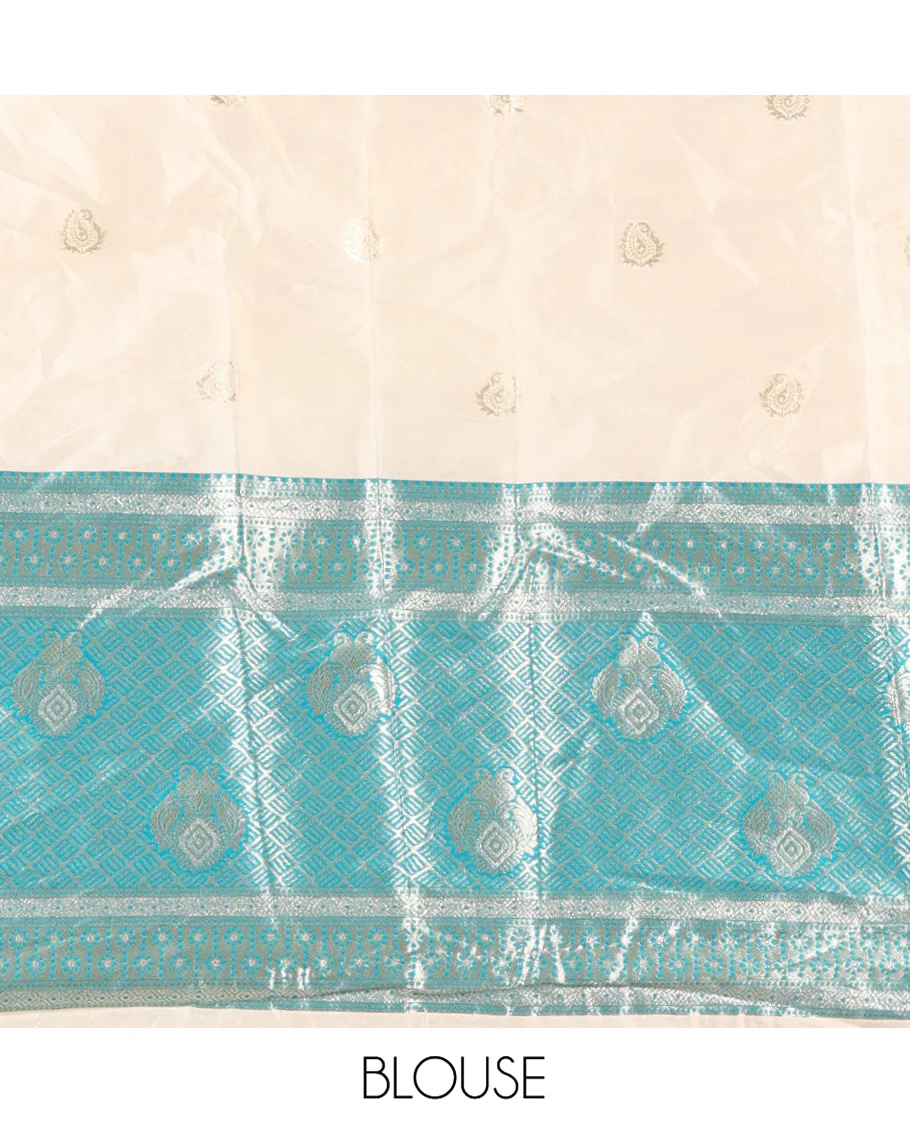 Cream-Rama Semi-Banarasi Half-Saree Set Featuring Buttas Skirt, Contrast Traditional Border, Matching Blouse, and Banaras Dhavani - Image 4