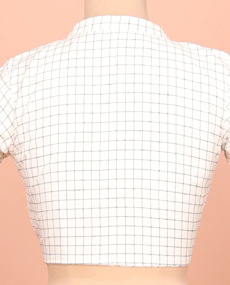 Cream Readymade Blouse, Subtly Sparkled with Checks, Featuring a Front Leaf-Neck, Back Collared-Neck, and Elbow Sleeves - Image 4