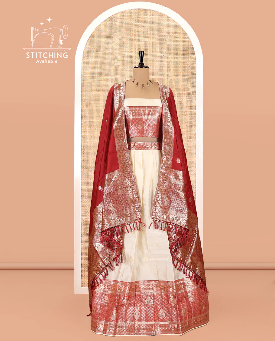 Cream-Red Semi-Banarasi Half-Saree Set Featuring Buttas Skirt, Contrast Traditional Border, Matching Blouse, and Banaras Dhavani - Image 2