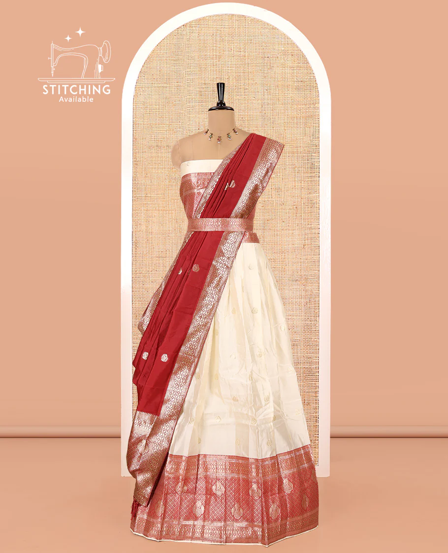 Cream-Red Semi-Banarasi Half-Saree Set Featuring Buttas Skirt, Contrast Traditional Border, Matching Blouse, and Banaras Dhavani - Image 3