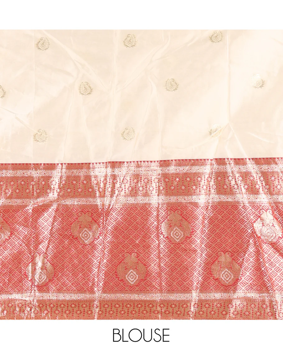 Cream-Red Semi-Banarasi Half-Saree Set Featuring Buttas Skirt, Contrast Traditional Border, Matching Blouse, and Banaras Dhavani - Image 4