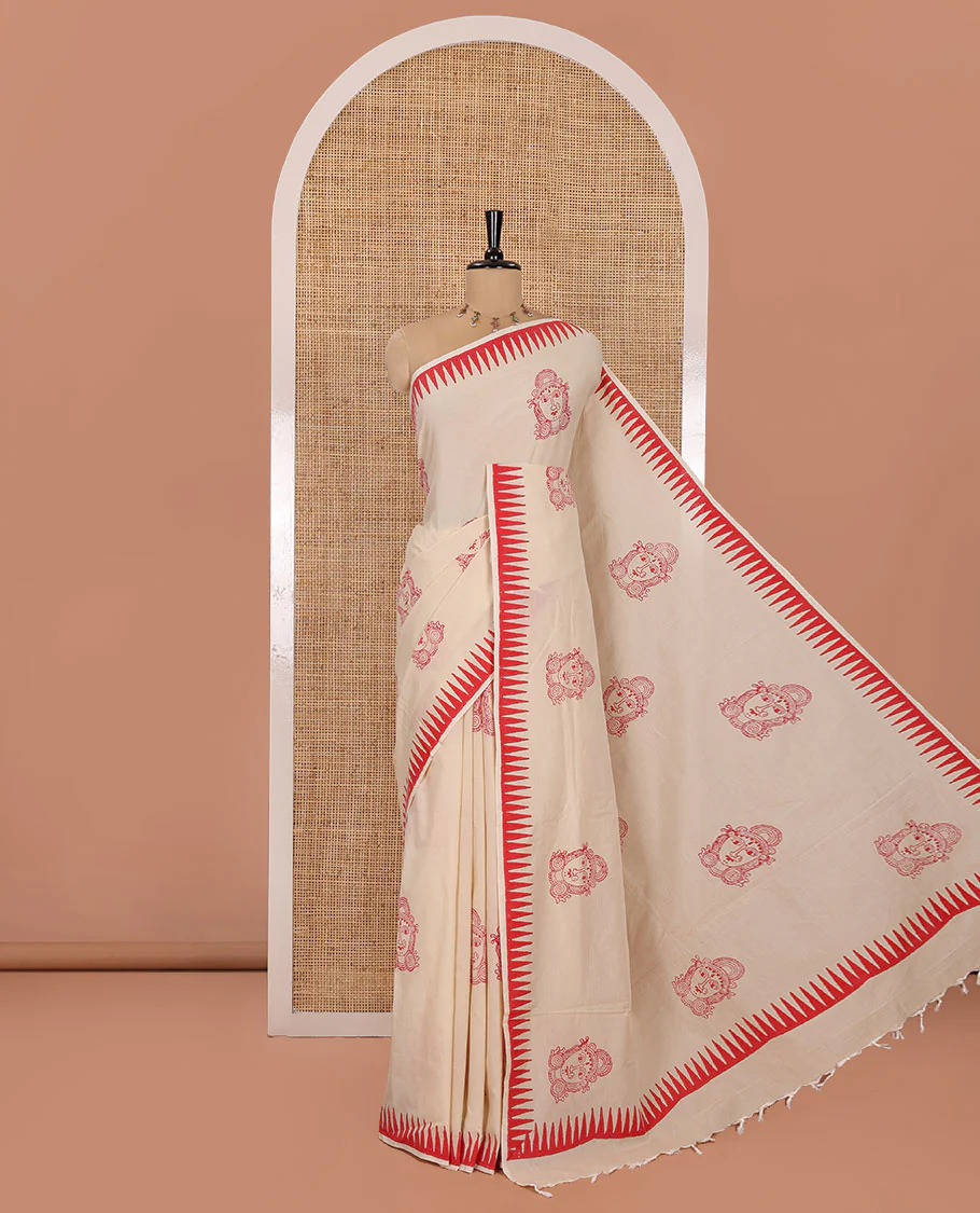 Cream South Cotton Saree, Elevated with Kalamkari-Style Figurine Motifs, Block Printed on Its Body, Highlighted by Temple Printed Border, Comes with a Matching Blouse, and a Captivating Contrast Floral Vine Printed Blouse