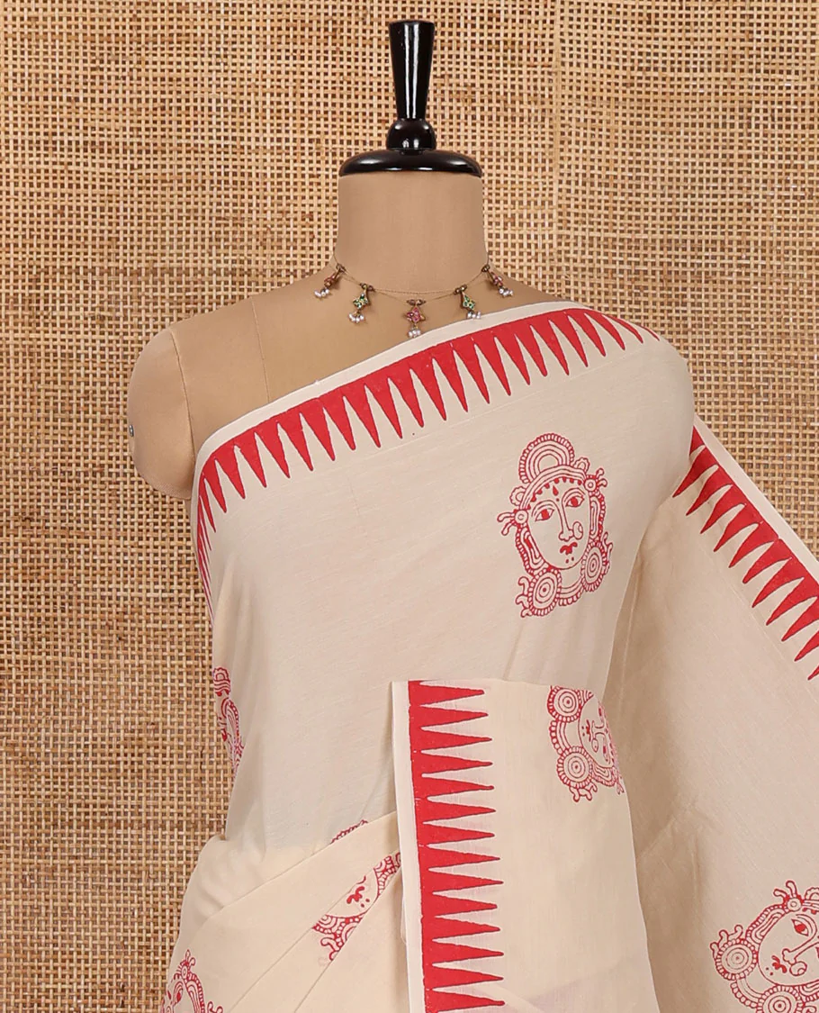 Cream South Cotton Saree, Elevated with Kalamkari-Style Figurine Motifs, Block Printed on Its Body, Highlighted by Temple Printed Border, Comes with a Matching Blouse, and a Captivating Contrast Floral Vine Printed Blouse - Image 2