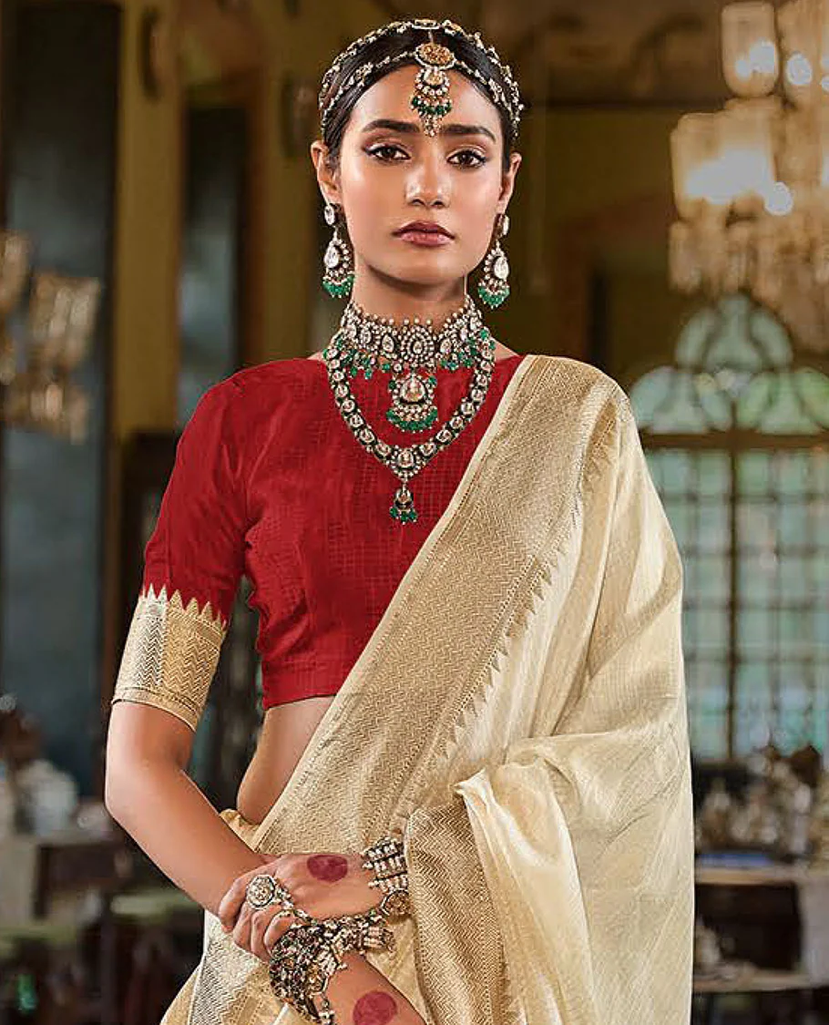Cream Sparsely Textured Designer Saree, Enthralled with Traditional Zari Design Border, Pallu Features Paisley Designs, and Paired with a Contrast Blouse - Image 2
