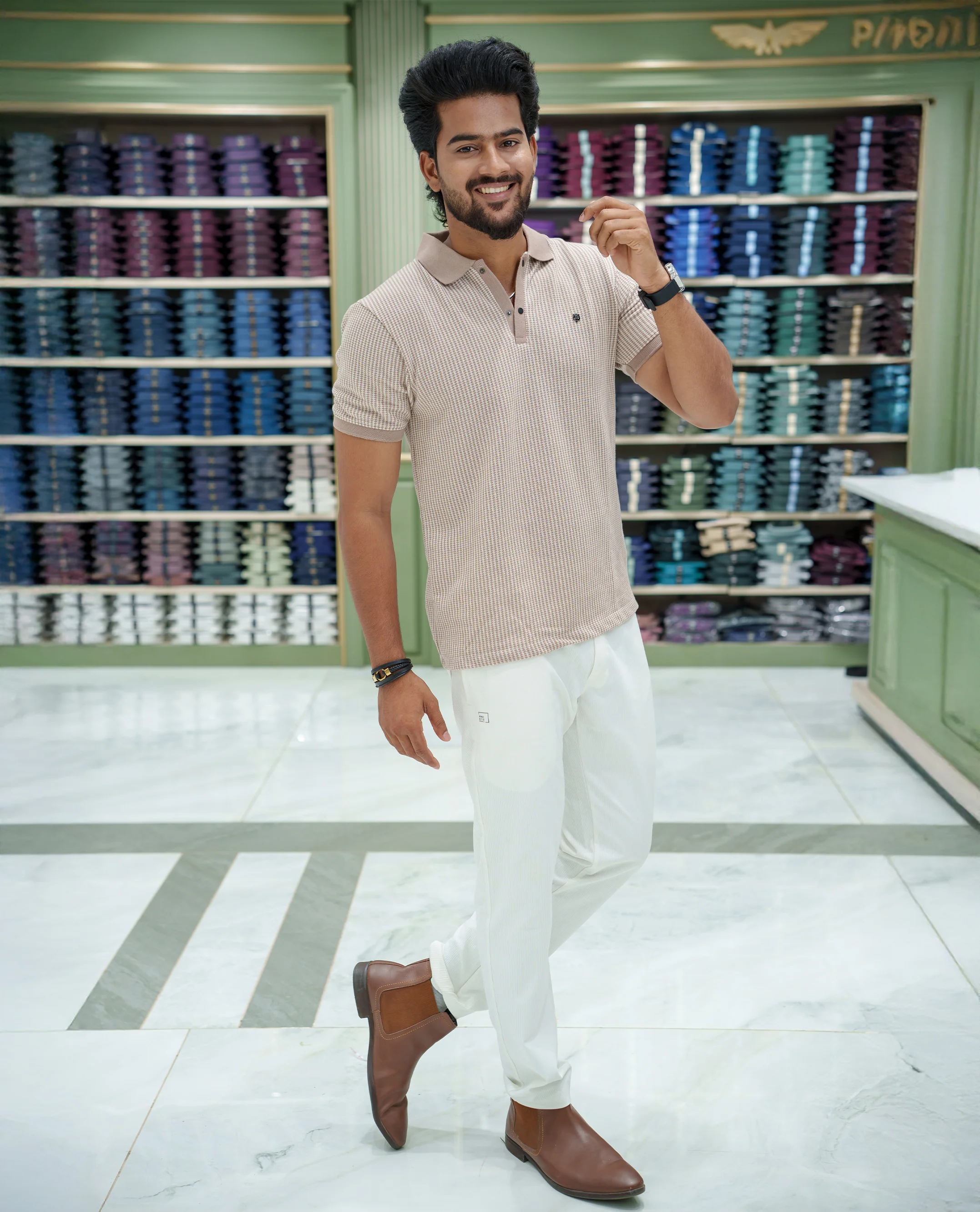 Cream Striped Cotton-Blended T-Shirt Comes with Half-Sleeves, a Polo Collar, a Slim Fit, and Regular Length - Image 2