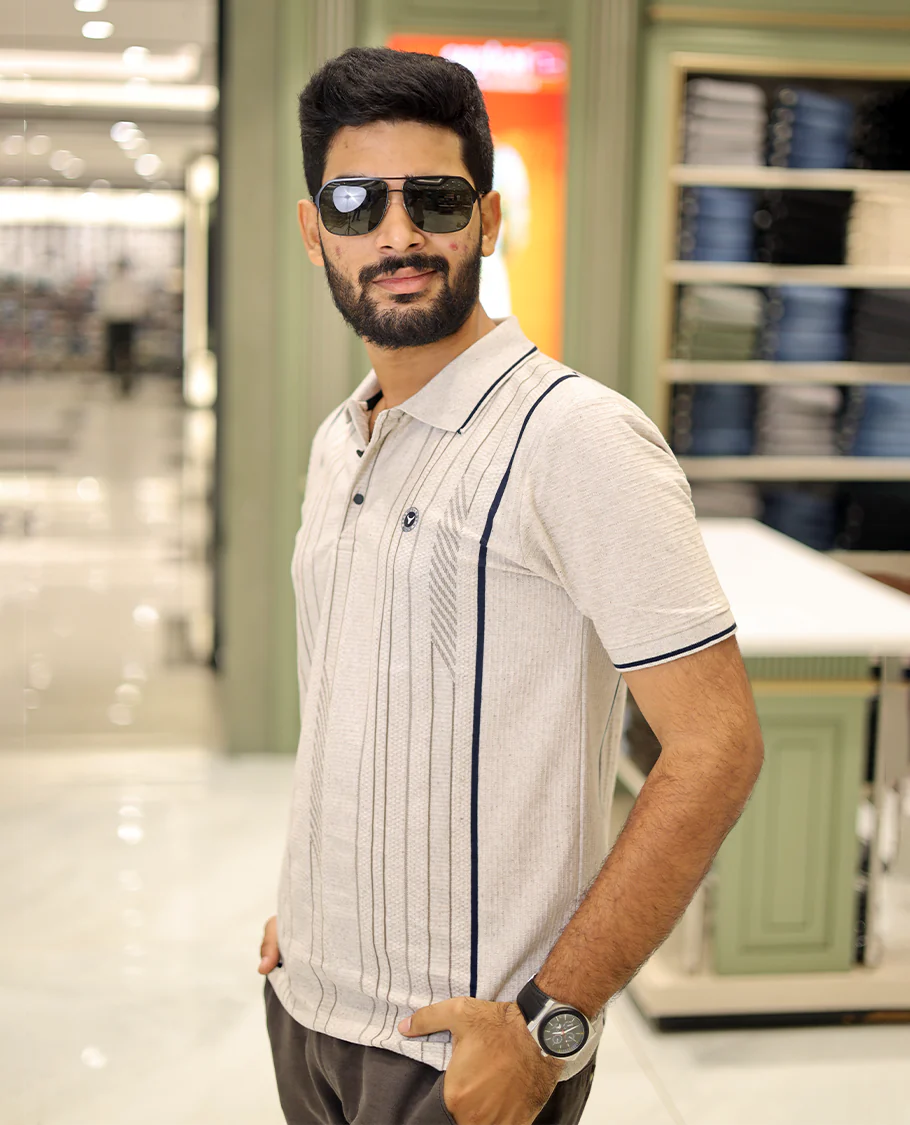 Cream Striped Cotton-Blended T-Shirt Comes with Half-Sleeves, a Polo Neck, a Slim Fit, and Regular Length - Image 2