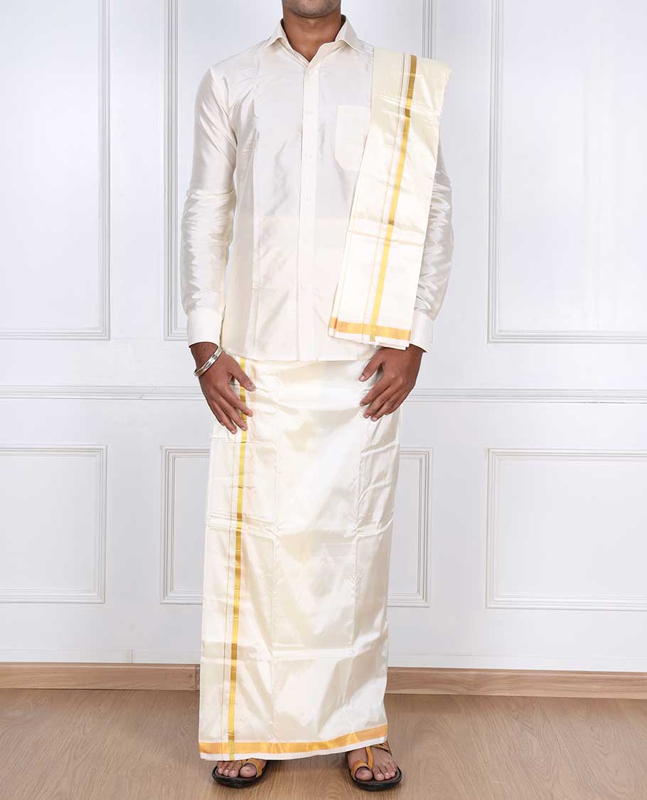 Cream thin gold zari border puresilk & polyester mix double-layer dhoti with angavastram - Image 2