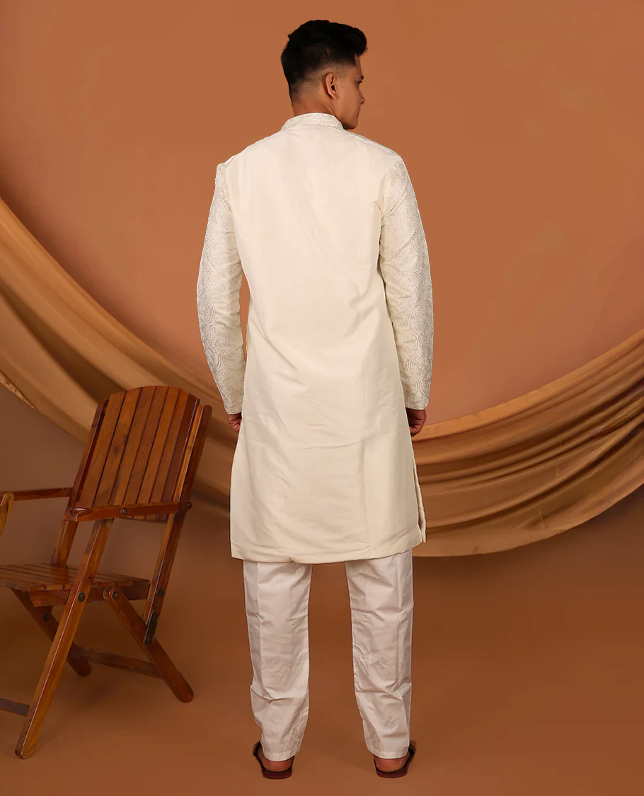 Cream Thread Embroidered Full-Sleeved Men's Kurta Matching Pants - Image 6
