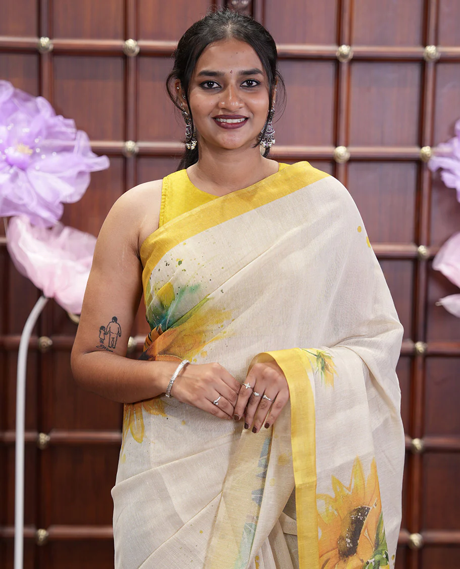 Cream Tissue Saree, Artfully Printed with SunFlower Motifs Printed On Its Body, Complemented by Contrast Border, Pallu Pictures Sunflower Motifs Print, and Paired with a Contrast Blouse - Image 2