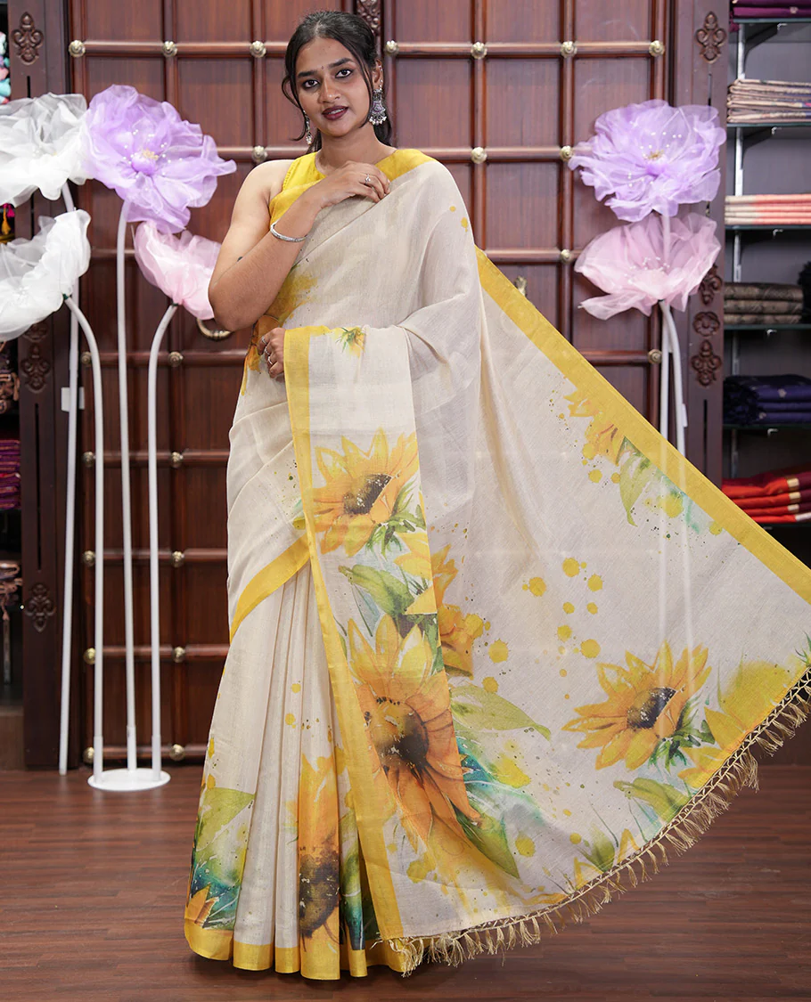 Cream Tissue Saree, Artfully Printed with SunFlower Motifs Printed On Its Body, Complemented by Contrast Border, Pallu Pictures Sunflower Motifs Print, and Paired with a Contrast Blouse - Image 3