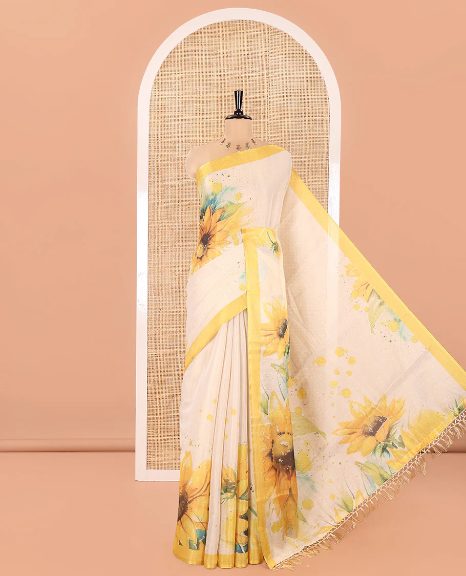 Cream Tissue Saree, Artfully Printed with SunFlower Motifs Printed On Its Body, Complemented by Contrast Border, Pallu Pictures Sunflower Motifs Print, and Paired with a Contrast Blouse - Image 4