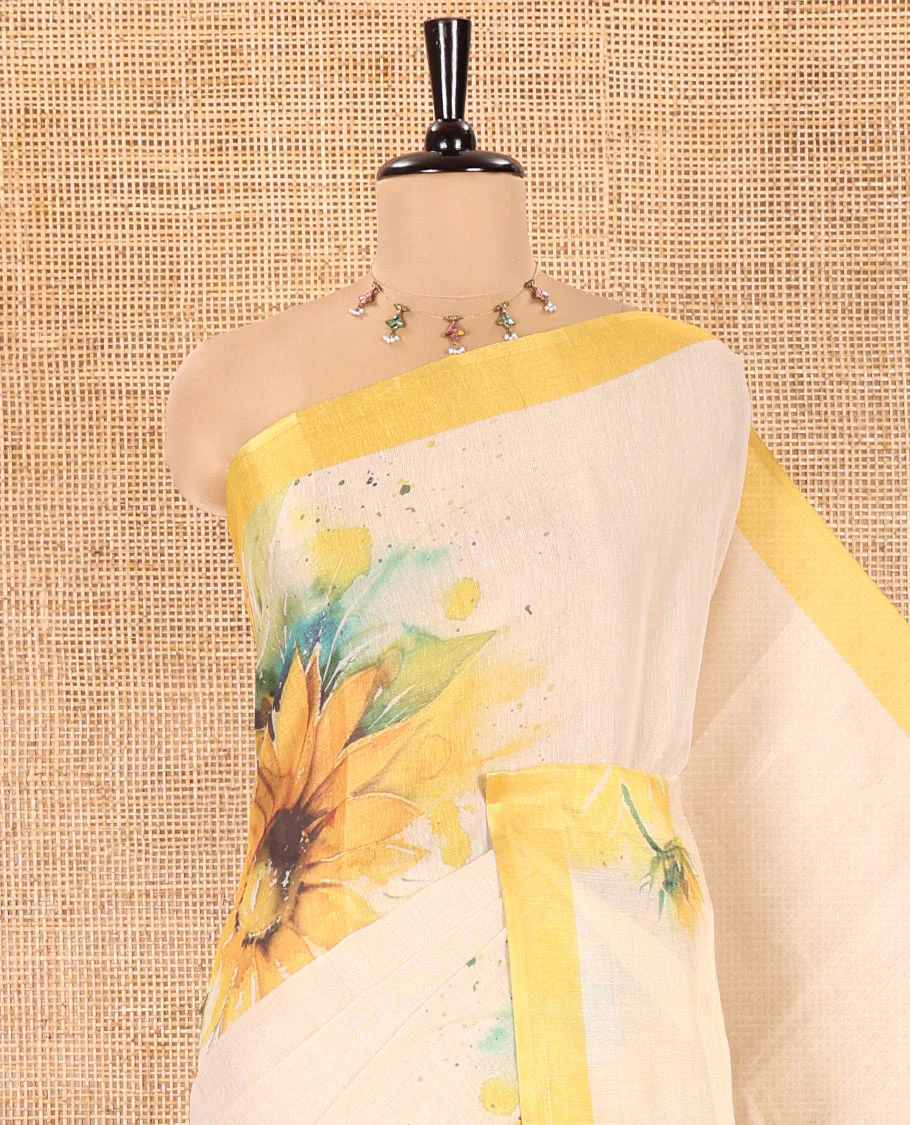 Cream Tissue Saree, Artfully Printed with SunFlower Motifs Printed On Its Body, Complemented by Contrast Border, Pallu Pictures Sunflower Motifs Print, and Paired with a Contrast Blouse - Image 5
