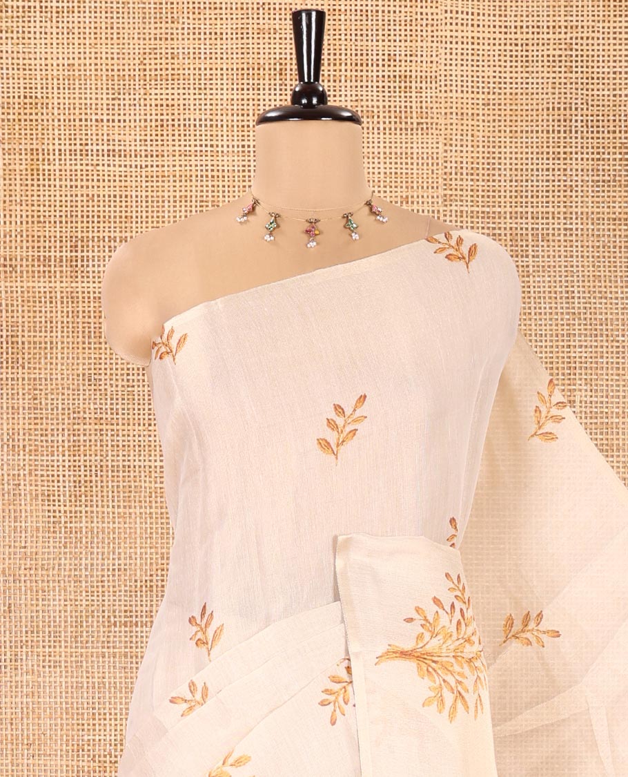 Cream Tissue Saree, Entralled with Leaf Motifs Printed On Its Body, Self-Border, Floral Printed Pallu, and Paired with a Printed Blouse - Image 2